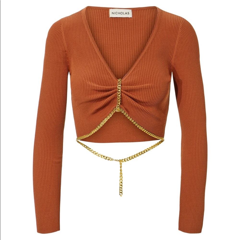 NICHOLAS CHAIN DETAILED “ALMA” RIBBED CROP TOP, S